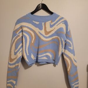 Blue, Brown & Cream Cropped Swirl Sweater